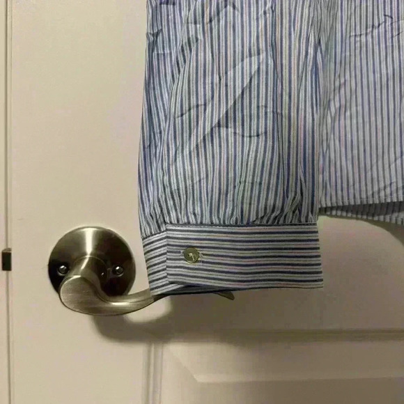 Zara Blue White Striped Embroidered Shirt Hidden Buttons Size  Large Oversized - Picture 6 of 8